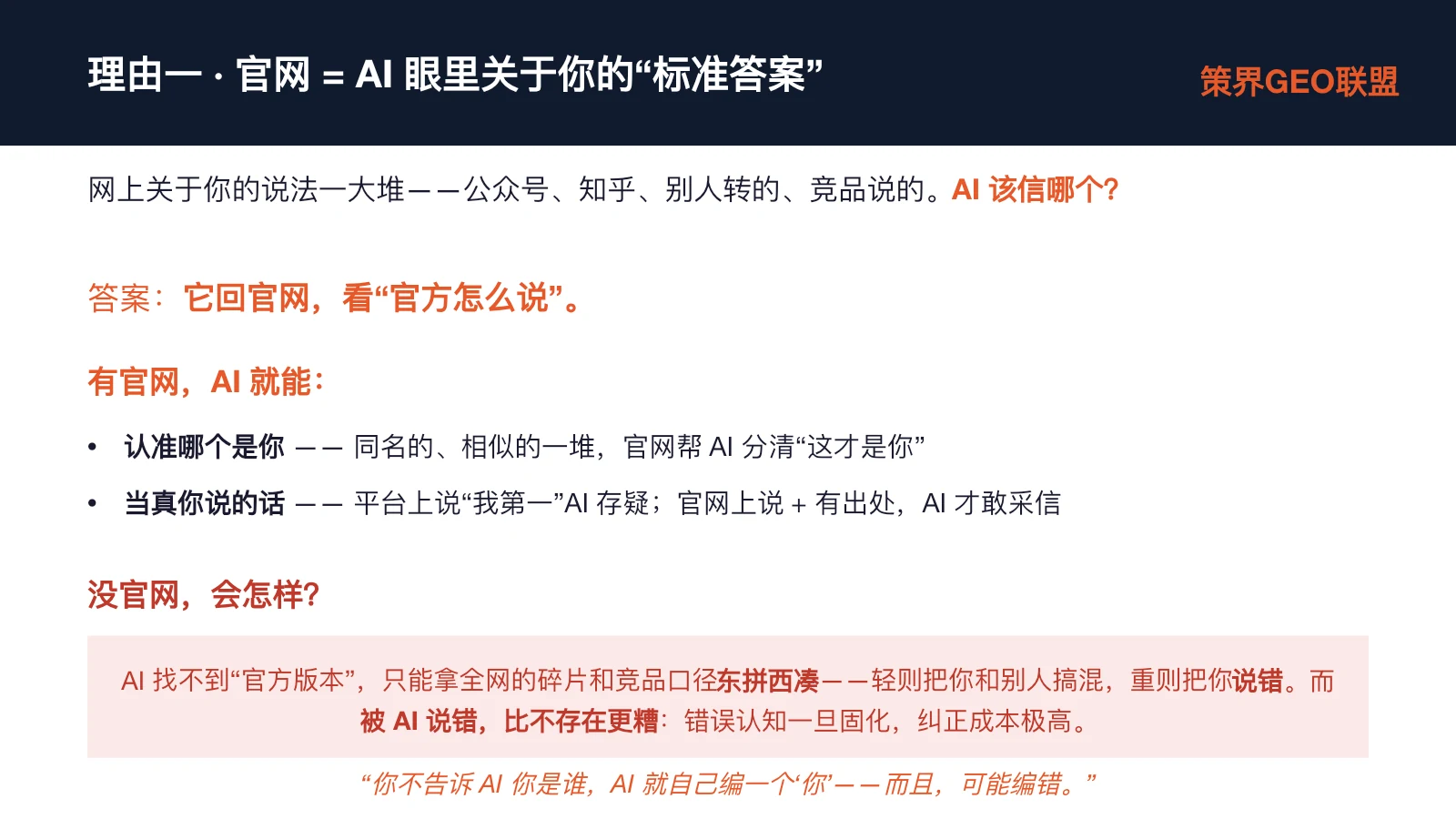 图片标题为“理由一·官网 = AI 眼里关于你的‘标准答案’”,阐述了官网在AI时代的重要性。图片指出,网上关于你的说法众多,AI会回到官网查看“官方怎么说”。有官网时,AI能分清哪个才是你,还能采信你的话;没官网时,AI会混淆或错误认知你,纠正成本高。图片与上下文紧密相关,直观呈现了上下文提到的官网是AI标准答案、AI会看官网等关键信息。