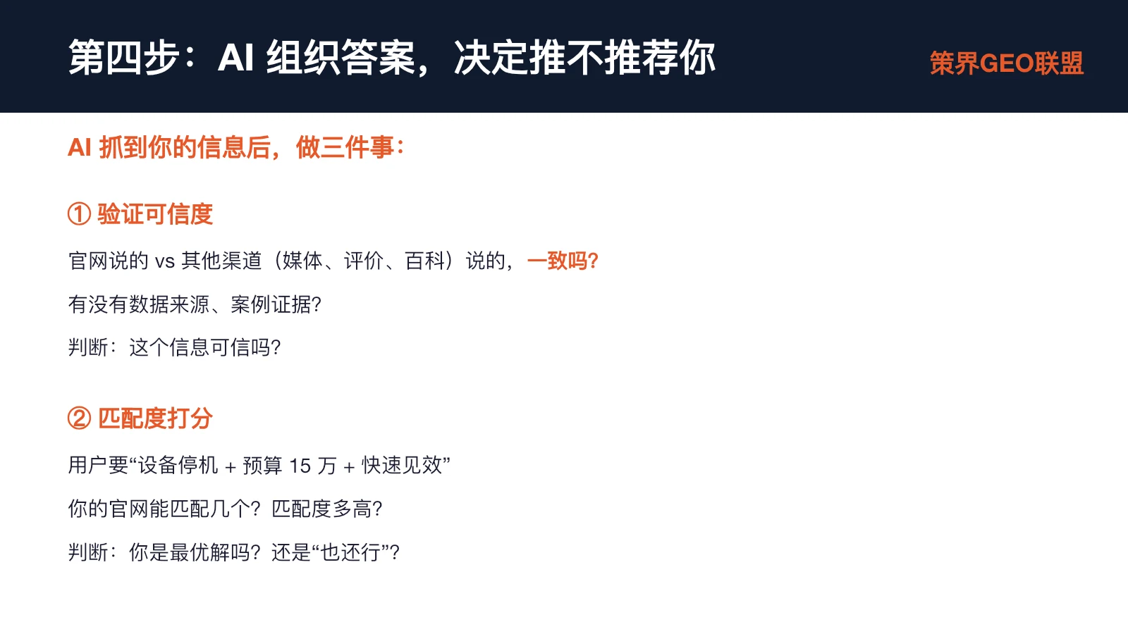 图片展示了AI组织答案,决定推不推荐你时的步骤。AI抓到信息后,会做三件事:①验证可信度,将官网信息与媒体、评价、百科等渠道信息对比,看是否一致,有无数据来源、案例证据,判断信息可信度;②匹配度打分,根据用户需求(设备停机+预算15万+快速见效)判断官网信息匹配度,判断是最佳解还是也还行。此图与上下文紧密相关,直观呈现了AI在组织答案时的判断流程。