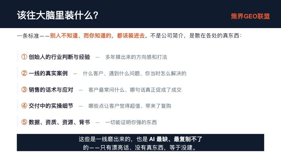 图片为“该往大脑里装什么?”的内容展示,背景为深色。上方标题为“该往大脑里装什么?”,右上角有“策界GEO联盟”标识。下方文字说明一条标准:别人不知道、而你知道的,都该装进去,不是公司简介,是散在各处的真东西。并列出5点内容,分别是创始人的行业判断与经验、一线的真实案例、销售的话术与应对、交付中的实操细节、数据、资质、资源、背书,最后强调这些是一线磨出来的,也是AI最缺、最复制不了的。