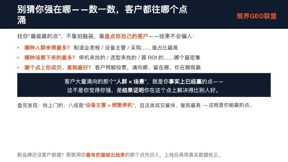 图片为“别猜你强在哪——数一数，客户都往哪个点涌”的内容展示。上方标题强调别靠拍脑袋，要靠盘点自己的客户。下方列出三点关键问题：哪种人群来得最多，哪种场景下来的最多，哪个点上你成交、复购最好。还有一段总结，指出客户大量涌向的“人群x场景”是你最能赢的点，且举例新品牌找上门的八成是“设备主管+频繁停机”，这类成交最快、复购最高。图片与上下文紧密相关，是对上文“别猜你强在哪，去数你自己的客户”的具体说明。