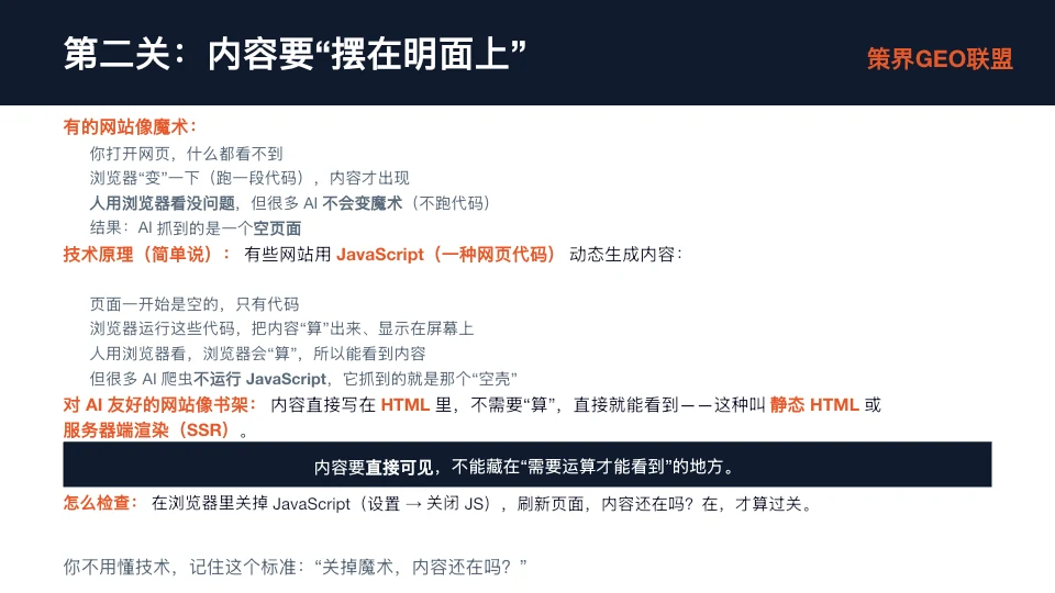 图片是关于网站内容呈现方式的说明，以“有的网站像魔术”为引，阐述了网站内容呈现的两种情况。一种是用JavaScript动态生成内容，页面一开始为空，只有代码，需浏览器运行代码显示内容，AI爬虫不运行JavaScript抓到的是“空页面”；另一种是内容直接写在HTML里，不需要“算”，这种叫静态HTML或服务器端渲染（SSR）。图片还指出内容要直接可见，不能藏在“需要运算才能看到”的地方，并给出检查方法：在浏览器里关掉JavaScript，刷新页面，内容还在吗？在，才算过关。