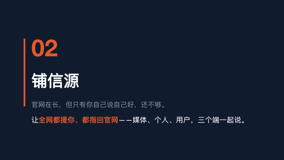 图片为“铺信源”章节的标题页，背景为深蓝色。左侧有红色竖线，右侧大号数字“02”，下方是“铺信源”标题。下方文字说明官网在长，但只有自己说自己好，还不够。还强调要让全网都提你、都指回官网，包括媒体、个人、用户三个端一起说。该图片位于介绍铺信源的章节开头，起到引出下文铺信源相关内容的作用。