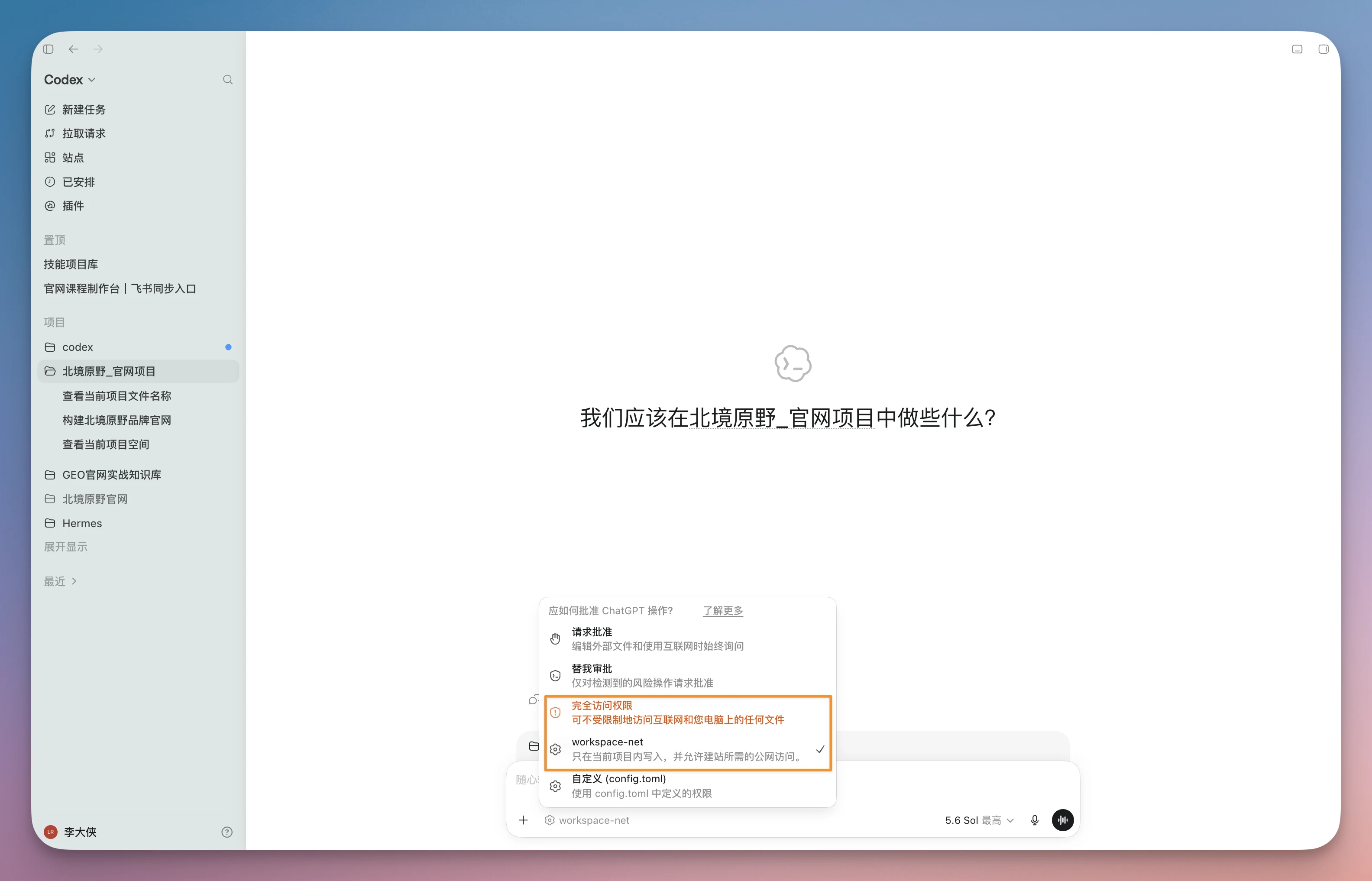 图片展示了Codex界面中“北境原野_官网项目”的权限设置页面。页面上方有“权限设置”选项,下方有“权限范围”“权限选项”等设置项。关键信息是“权限范围”处,有“仅限项目内文件”“读取项目外文件”两个选项,其中“仅限项目内文件”被红色框突出显示。该图片与上下文紧密相关,用于说明在给AI生成品牌官网时,只给当前建站任务需要的权限,且需注意三条权限设置原则。