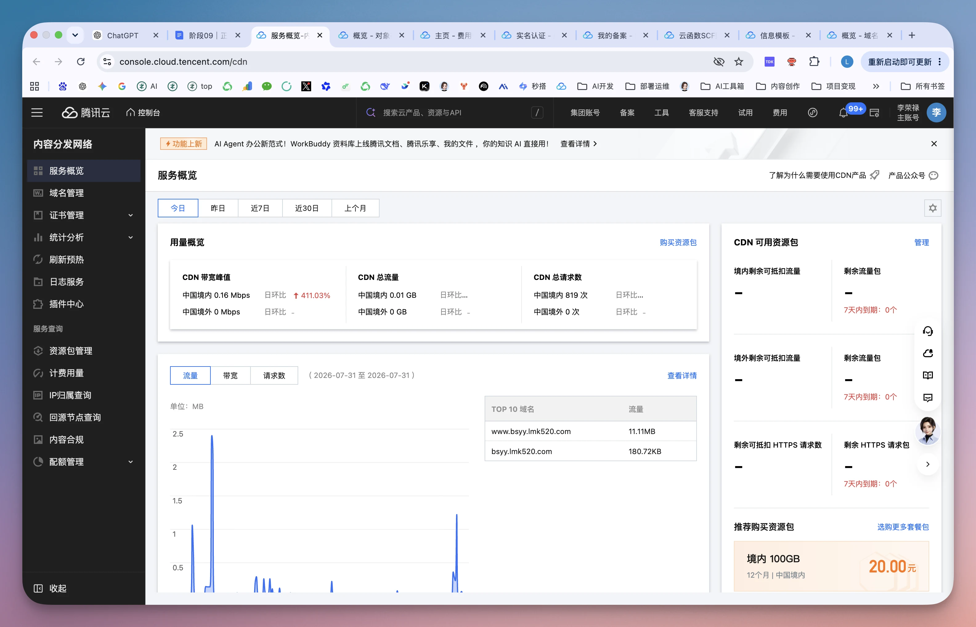 图片展示的是腾讯云内容分发网络（CDN）的管理界面。左侧为导航栏，有内容分发网络、证书管理等选项。右侧上方显示CDN可用资源包，如可用流量、可用带宽等信息，下方有CDN可用域名列表，如www.beyyink4520.com等。右侧下方有推荐购买资源包，如境内1000GB，价格20.00元。该界面与文档中“已经能够进入cdn开发平台”及“可以进入我的证书界面”等内容相关，是腾讯云CDN管理操作的展示。