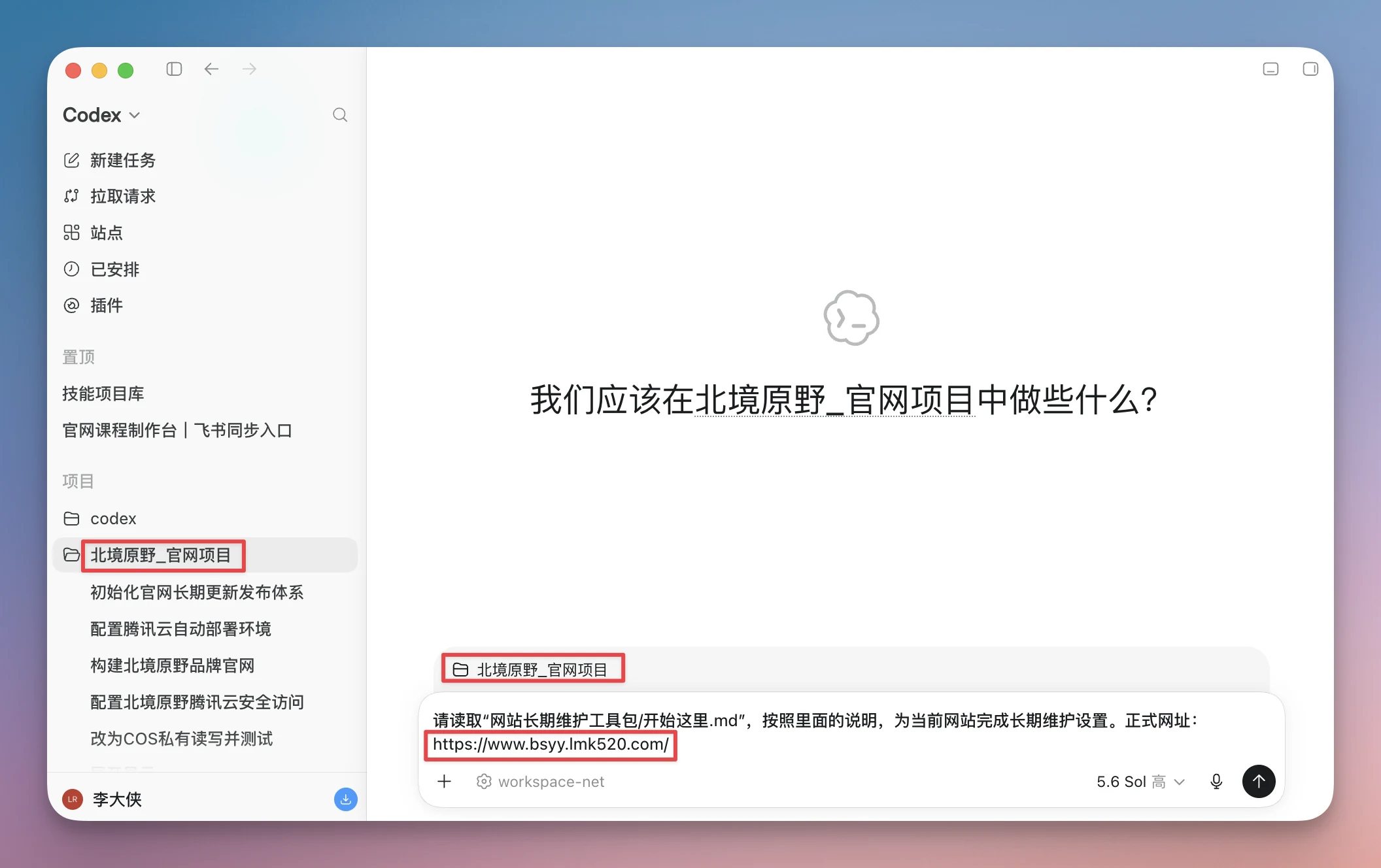 图片展示了Codex界面，左侧为项目列表，其中“北境原野_官网项目”被选中。右侧弹出窗口显示“我们应该在北境原野_官网项目中做些什么？”下方有红色框标注的“北境原野_官网项目”及“https://www.bsysy.link/520.com”网址。该图片与文档中“把当前工作空间进入官网长期维护模式”部分内容相关，用于说明在北境原野_官网项目中完成相关设置的操作指引。