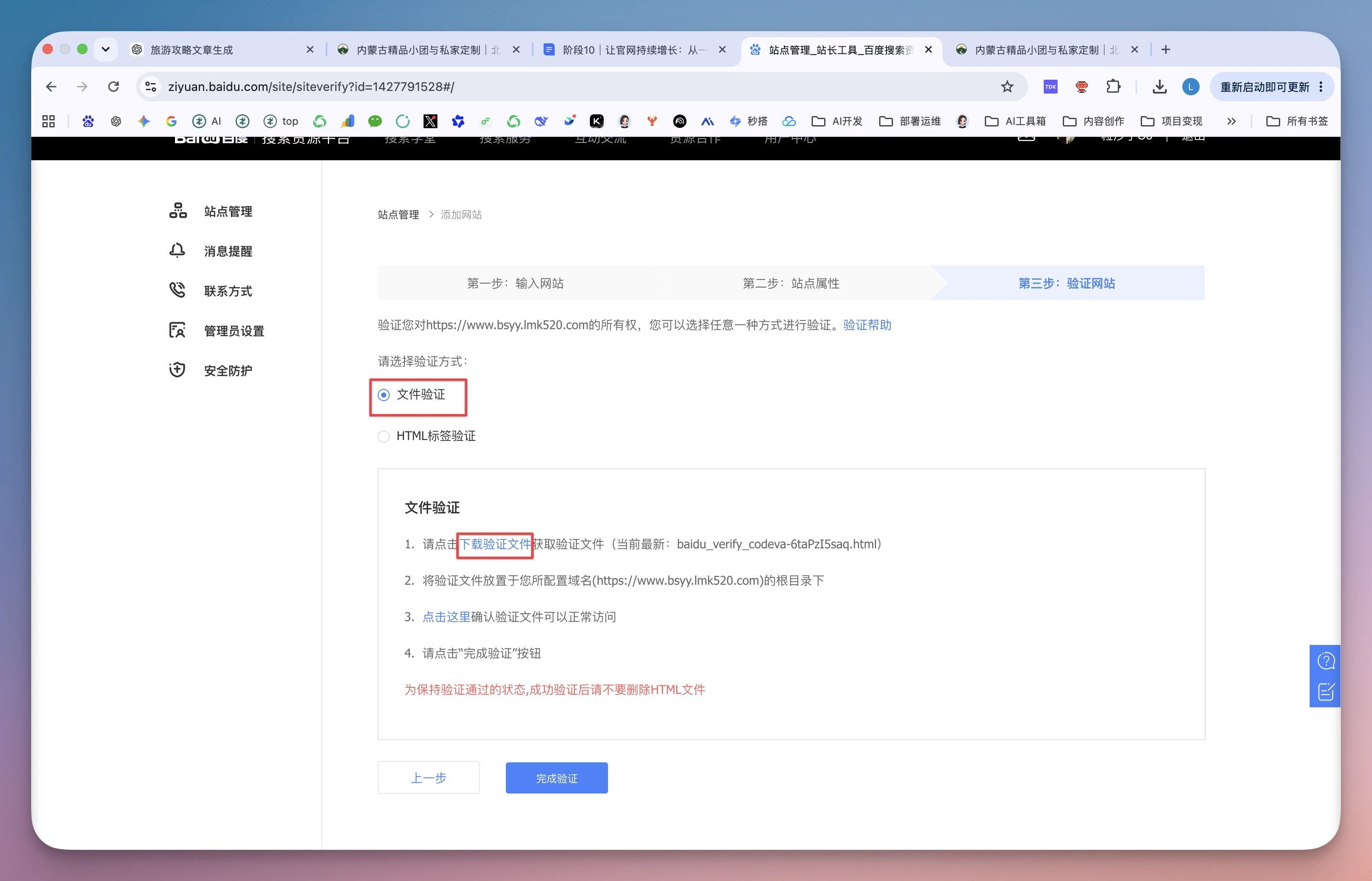 图片展示的是百度搜索资源平台的“文件验证”页面。页面左侧有“站点管理”等选项，右侧显示“验证网站”步骤，当前处于“文件验证”步骤。页面提示需将下载的文件“baidu_verify_60aPd2S5ag.html”放置于网站根目录下，且文件确认后可正常访问。下方有“上一步”和“开始配置”按钮。该图片与文档中“首次登入需要完善账号信息”后“点击下载文件”步骤相关，是下载文件后的操作指引。